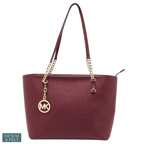 Michael Kors Burgundy Saffiano Leather East West Gold Chain Tote Bag Purse - Picture 1 of 16